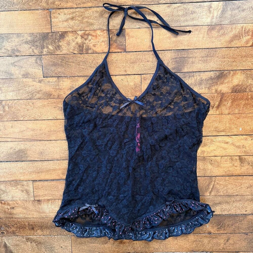 Seven 'Til Midnight Y2K Black Lace & Polka Dot Lingerie Top